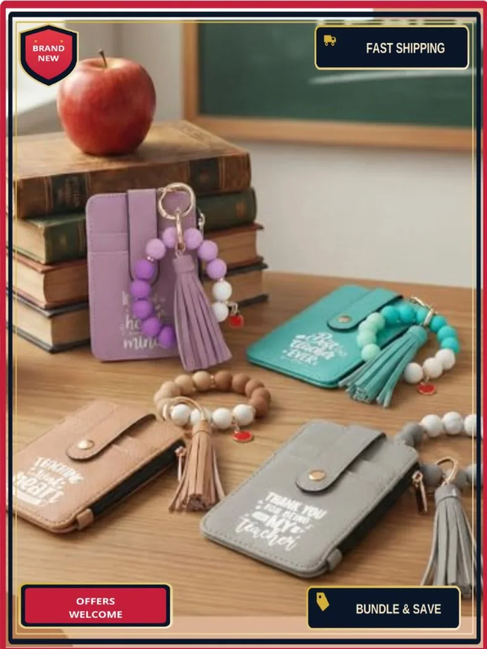 Set of 5 Teacher Appreciation Wristlet Wallets PU Leather Card Holder Bracelet